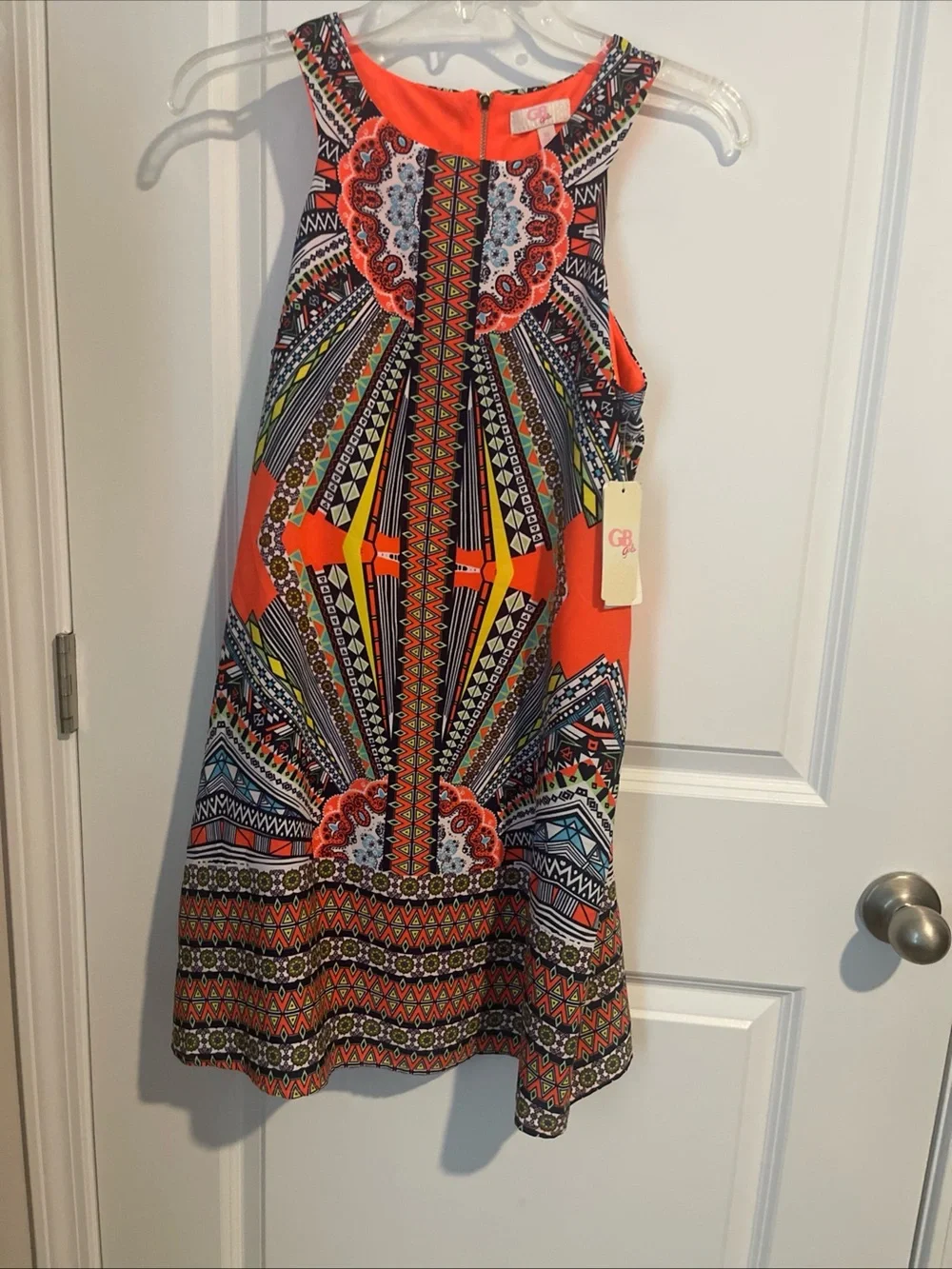 GB girls Coral and Multicolor Geometric Sleeveless Dress XL A Line Knee Length